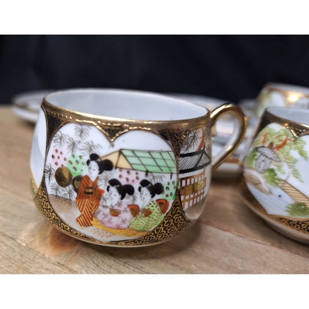Antique Japanese Satsuma Eggshell‎ Porcelain Tea Cups & Saucers Set of 10 Geisha